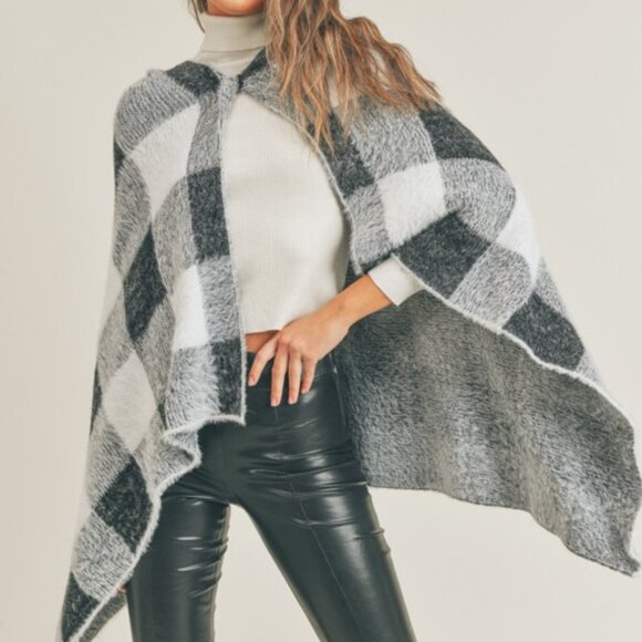Plaid Hooded Poncho Cape Black White Gray Cozy Fall Winter Layer - Picture 5 of 8